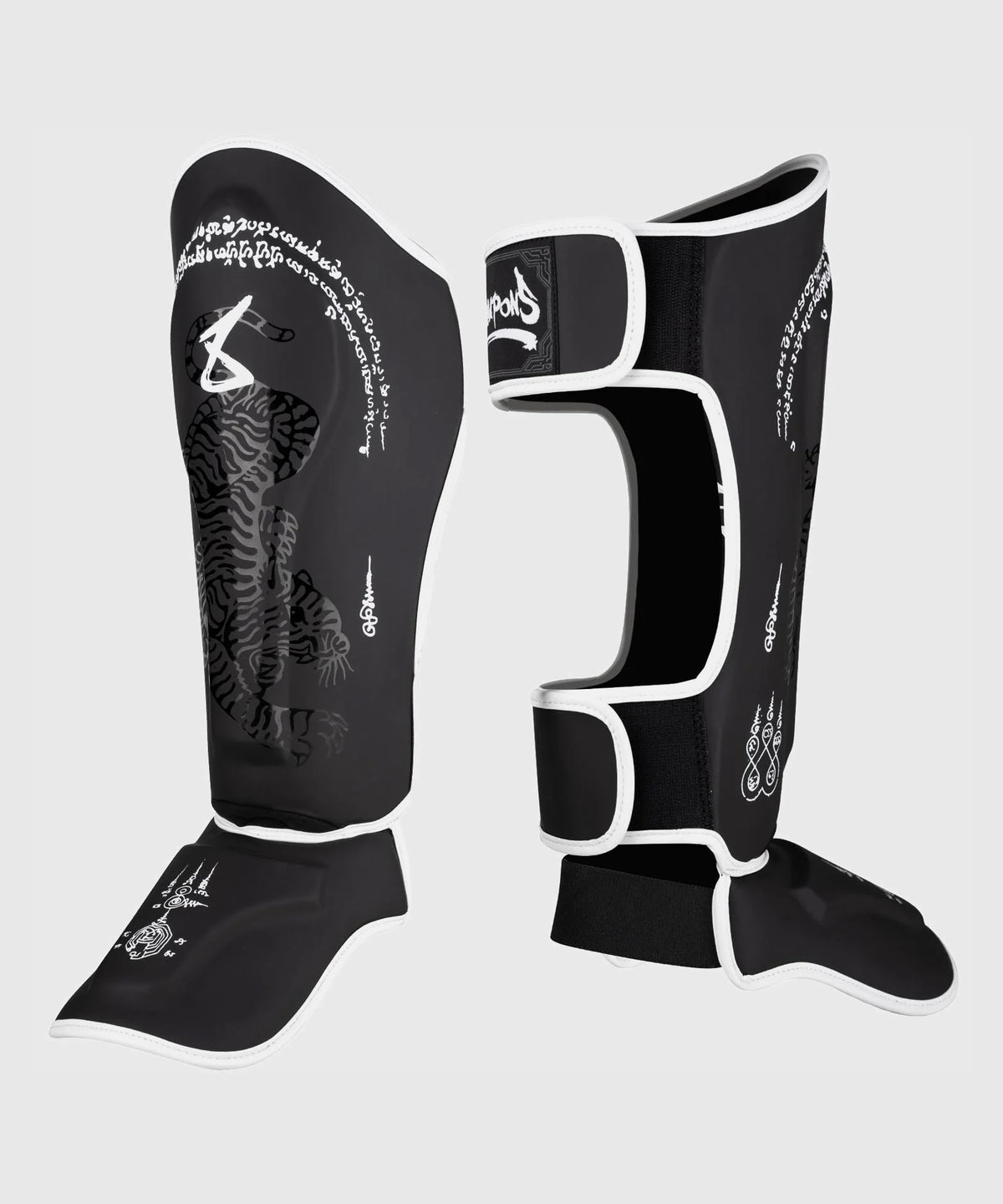 8 Weapons Sak Yant Big Tiger Shin Guards - Black/Black