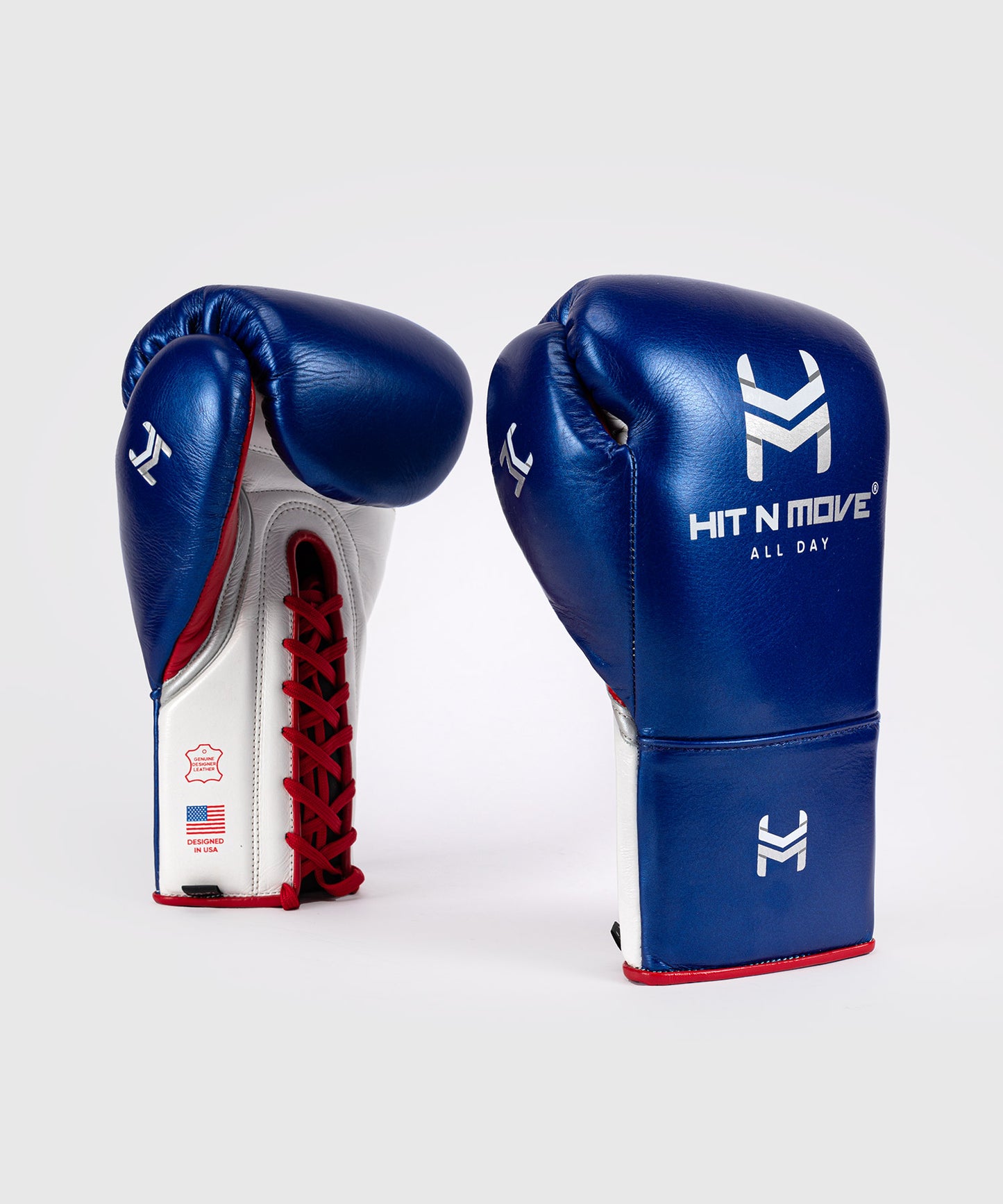 Hit N Move All Day® Pro Grip Plus Lace-up Boxing Gloves - Blue/White/Red