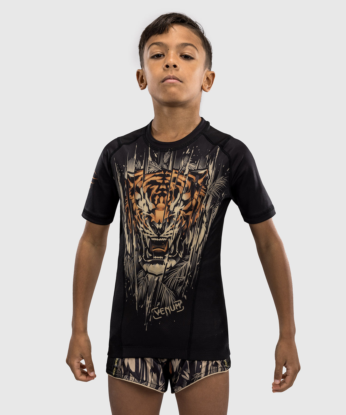 Venum Tiger Kinder Kurzarm Rashguard - Schwarz/Neon Orange