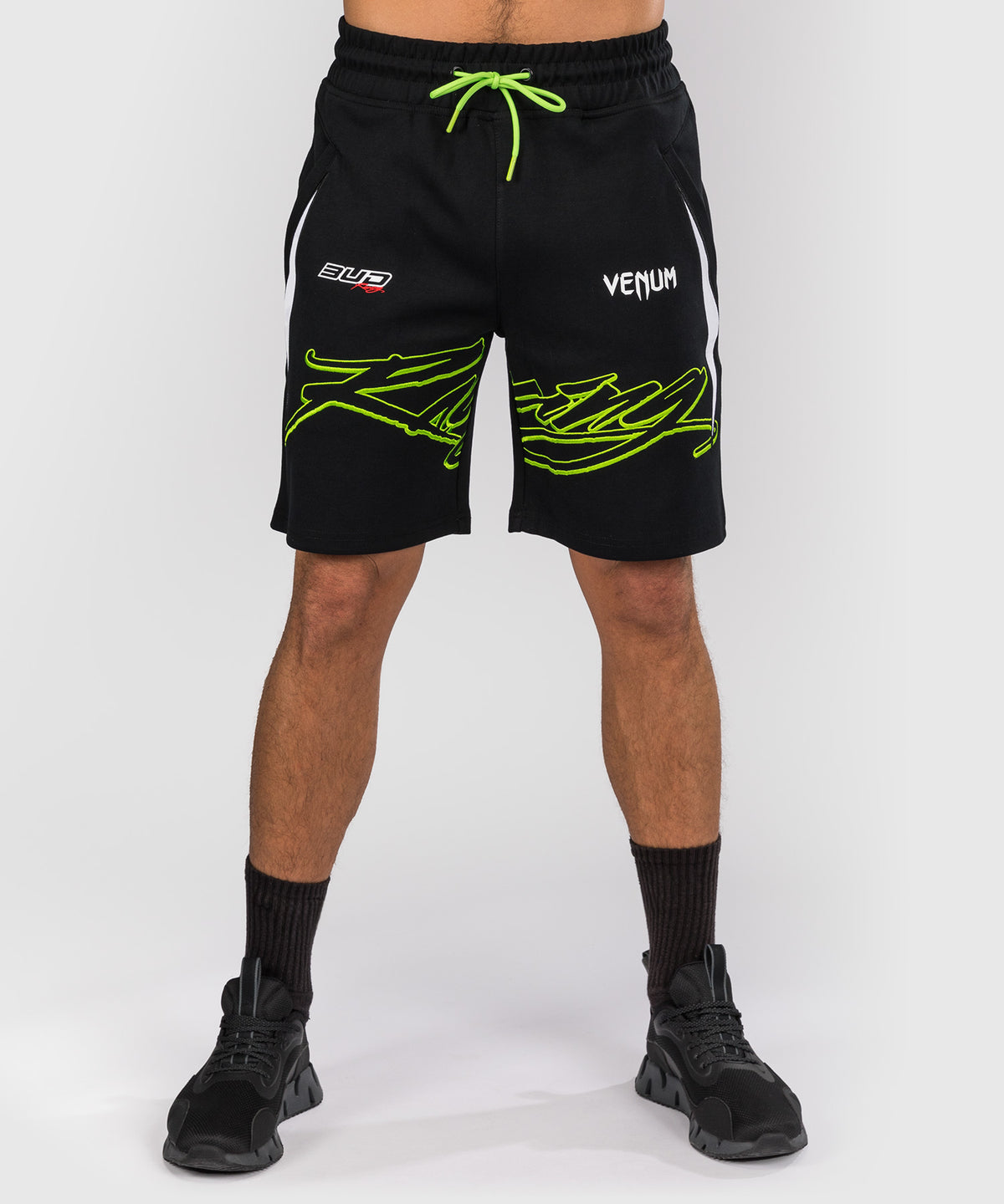 Venum x Bud Racing Herren Baumwoll-Shorts - Schwarz/Weiß/Limettengrün