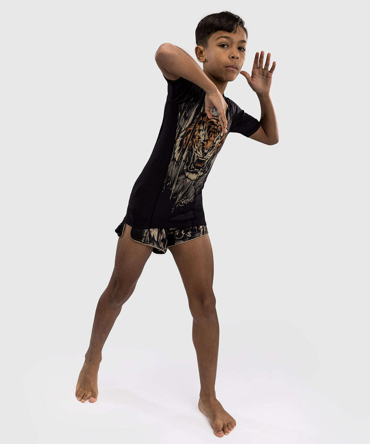 Venum Tiger Kinder Kurzarm Rashguard - Schwarz/Neon Orange