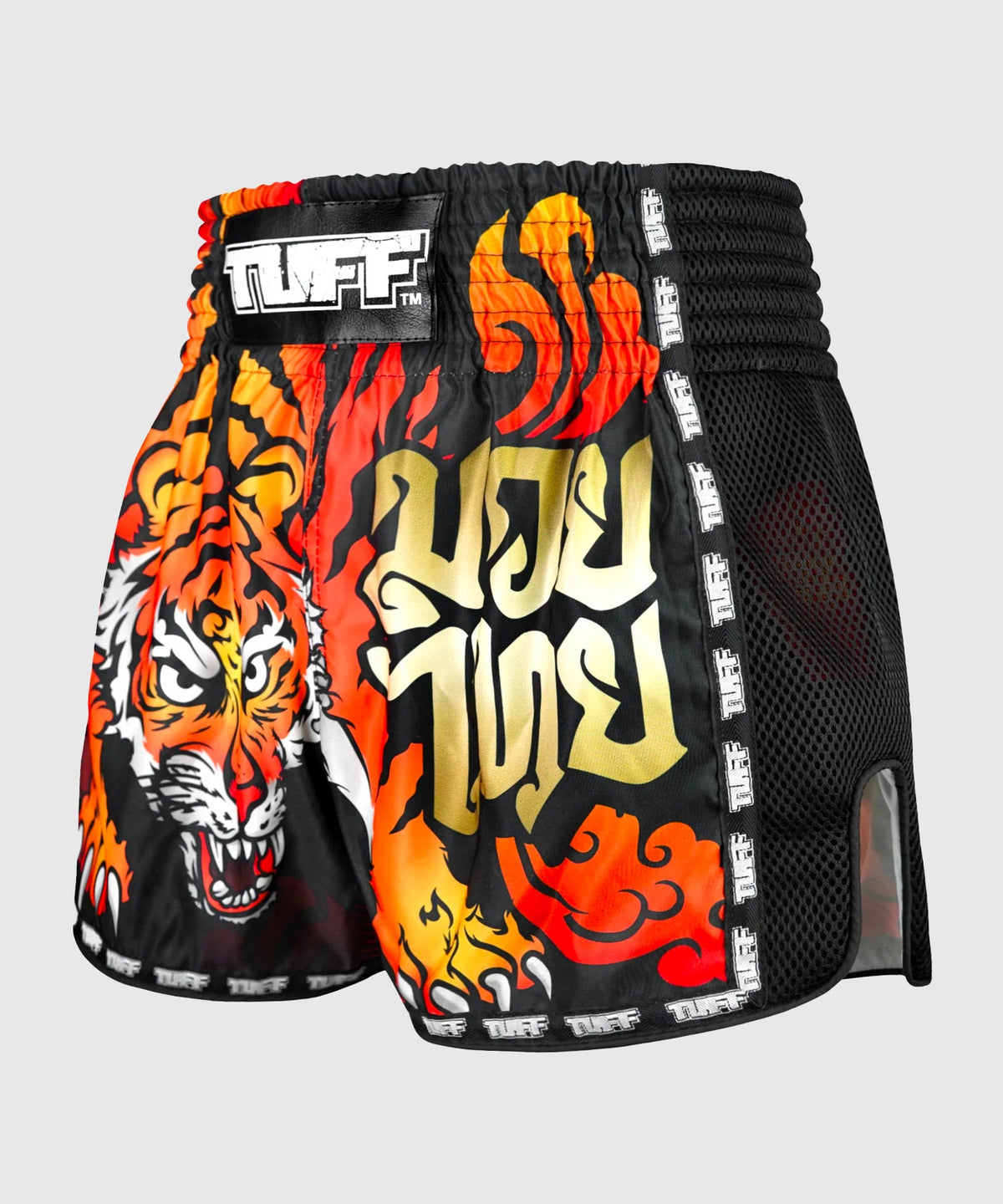 Tuff New Retro Orange Furious Tiger Pantalones de Muay Thai - Negro
