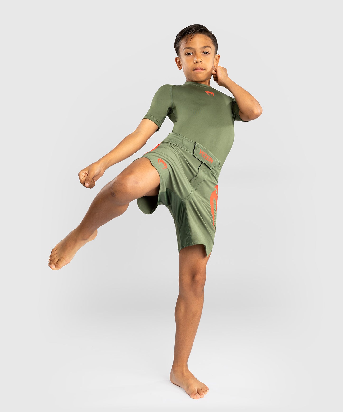 Venum Light Kids Fightshorts - Army Green/Orange