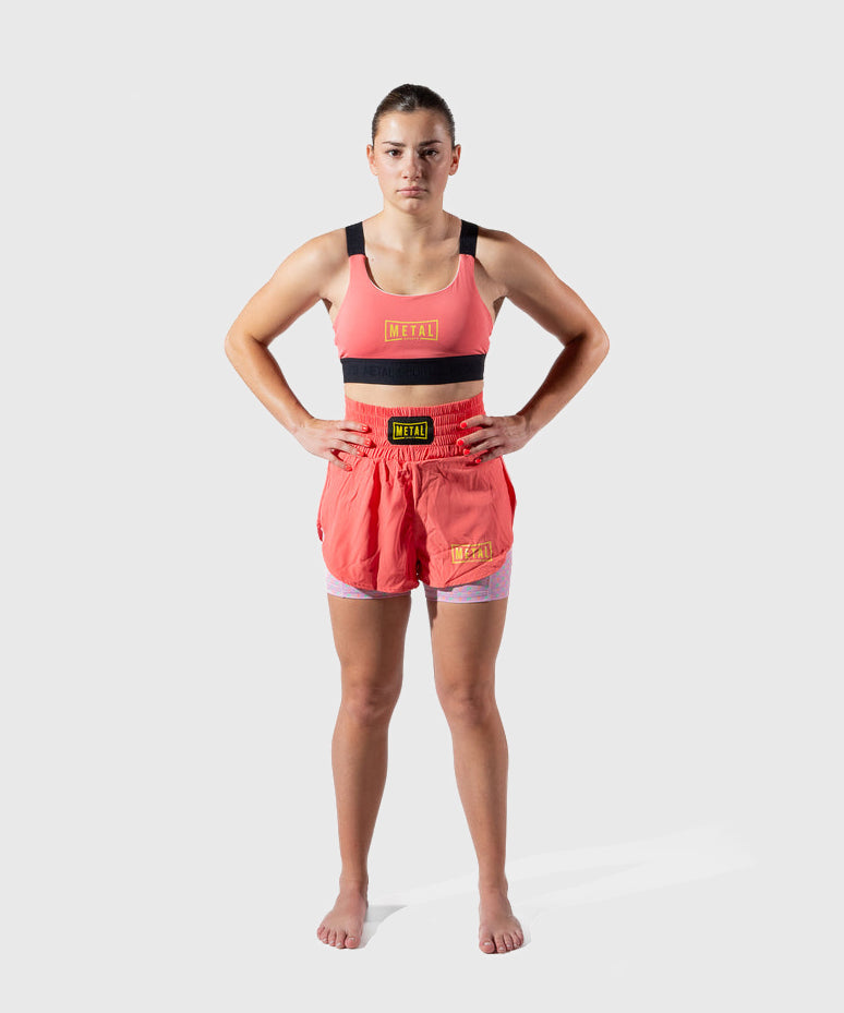 Metal Boxe Post Cutting Treats 2-in-1-Damen-Fightshorts - Koralle