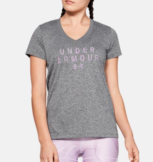 Under Armour UA Tech™ Camiseta Mujer Cuello en V Gráfica – Gris Chiné