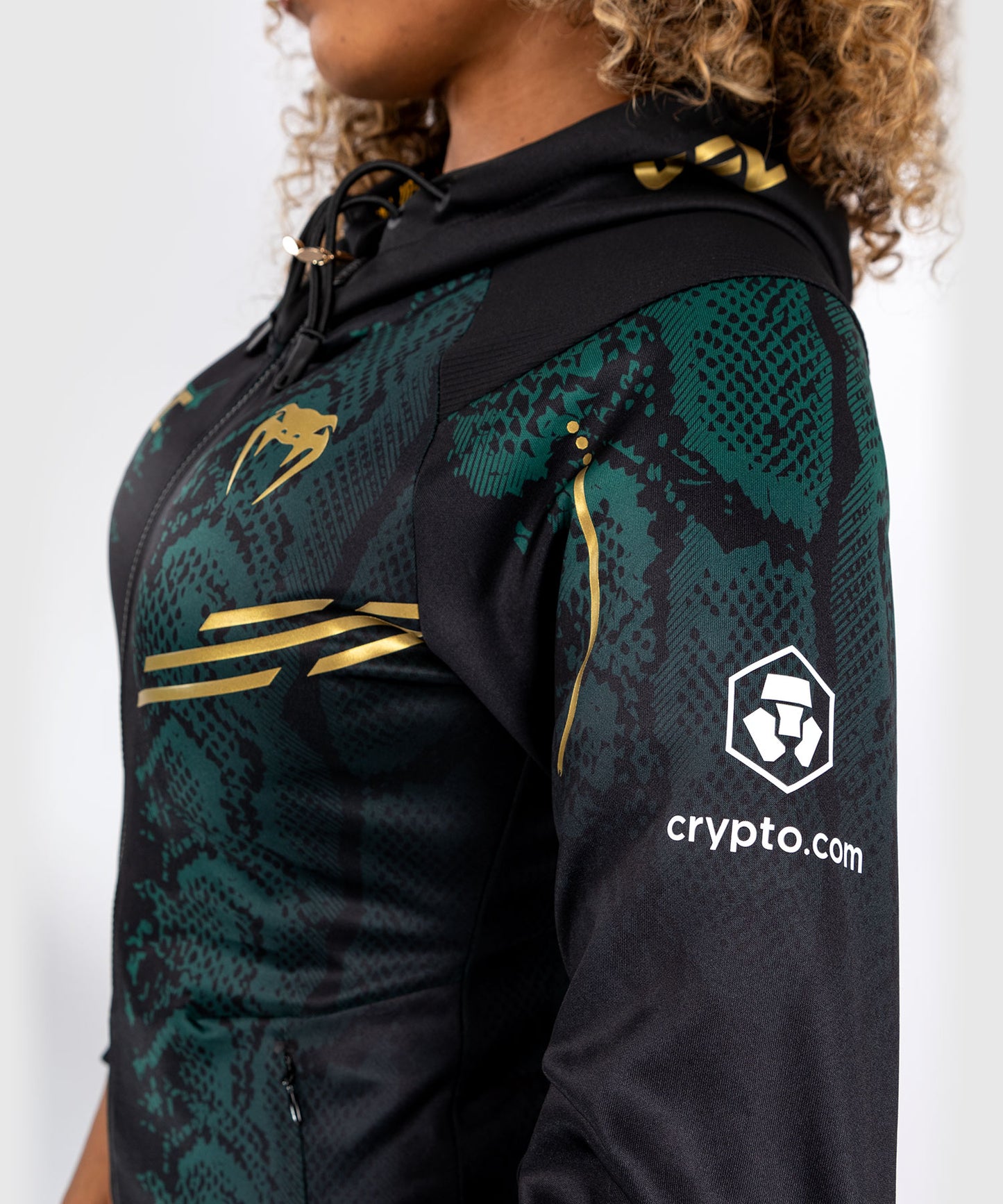 UFC Adrenaline by Venum Authentic Fight Night Sudadera con capucha Walkout para mujer - Emerald Edition - Verde/Negro/Dorado