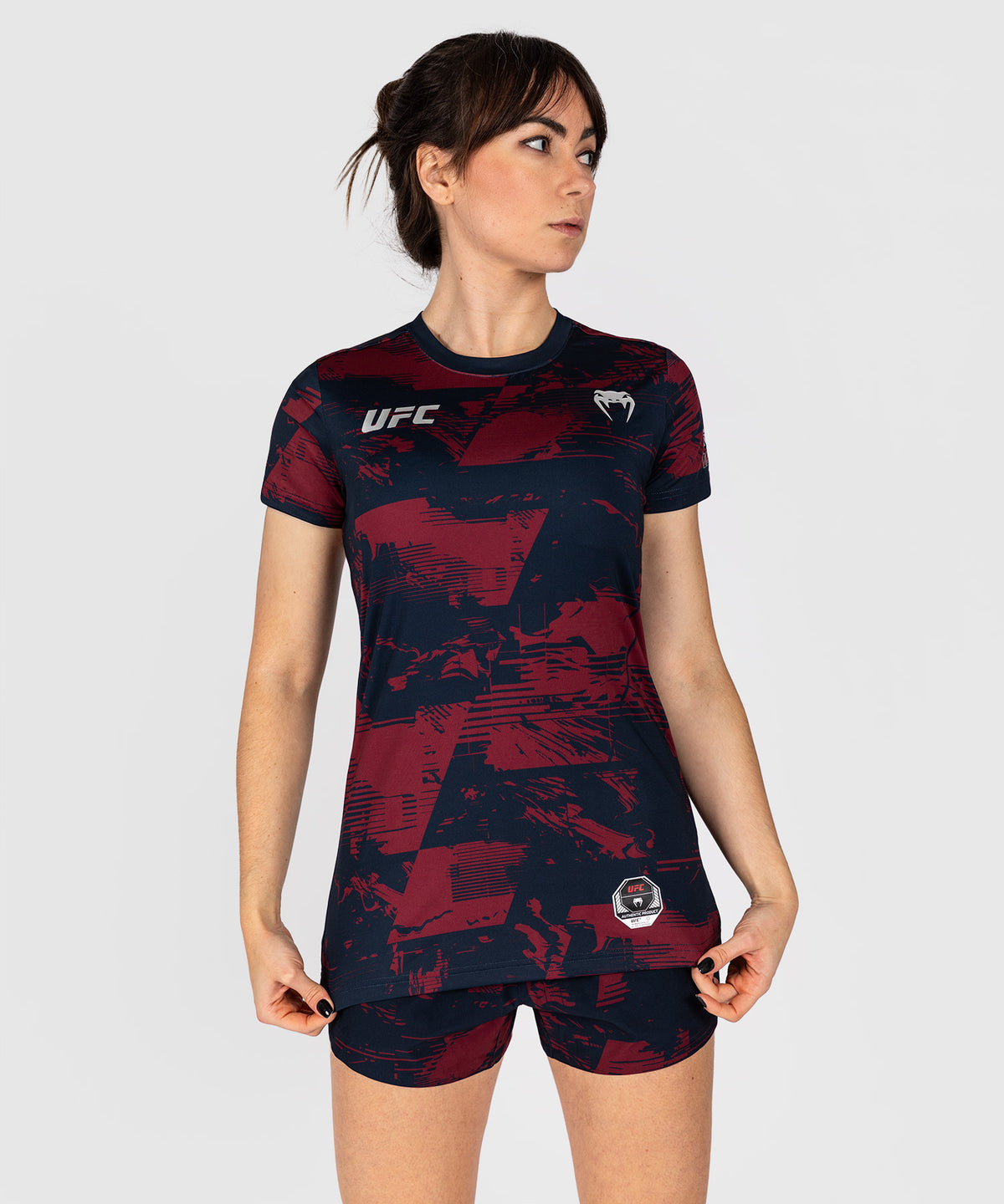 UFC Zenith by Venum Authentic Fight Week Performance Kurzarm T-Shirt Damen - Marineblau/Burgunderrot/Silber
