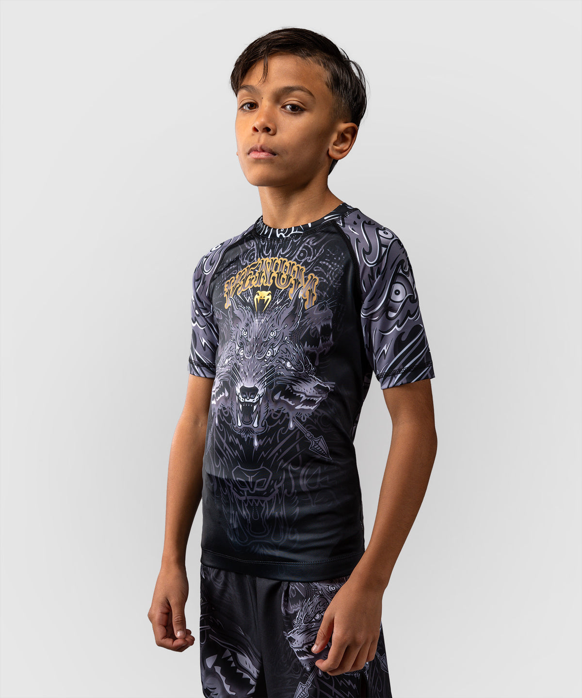 Rashguard à Manches Courtes Pour Enfants Venum Wolf Atak  – Noir/Gris