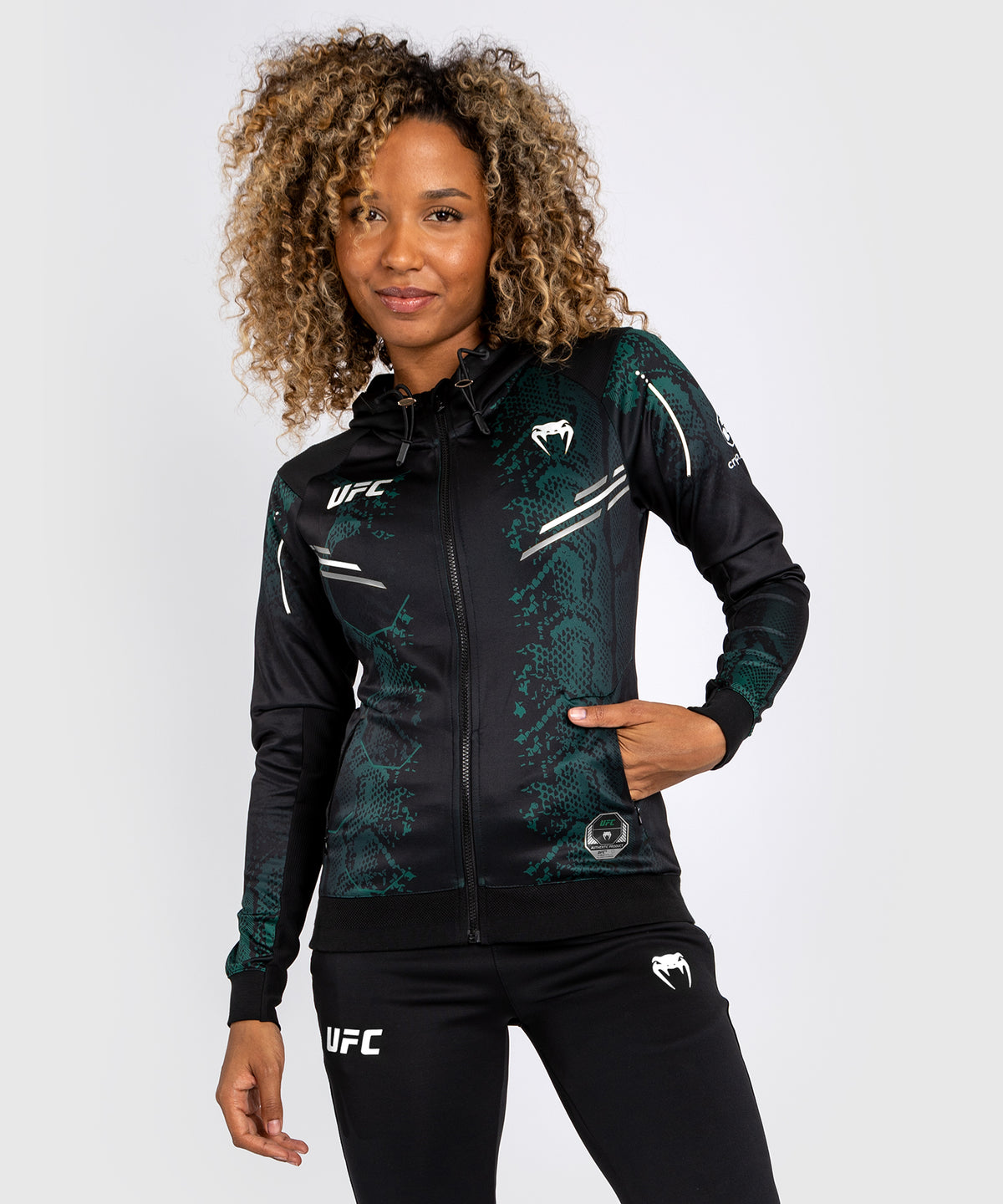 UFC Adrenaline by Venum Authentic Fight Night Women’s Walkout Hoodie - Emerald Edition - Green/Black 