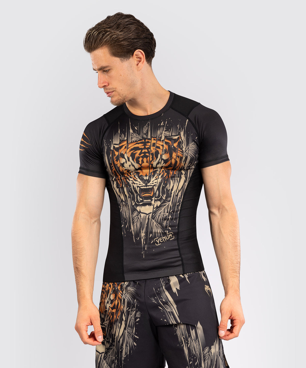 Venum Tiger Herren Kurzarm Rashguard - Schwarz/Neonorange