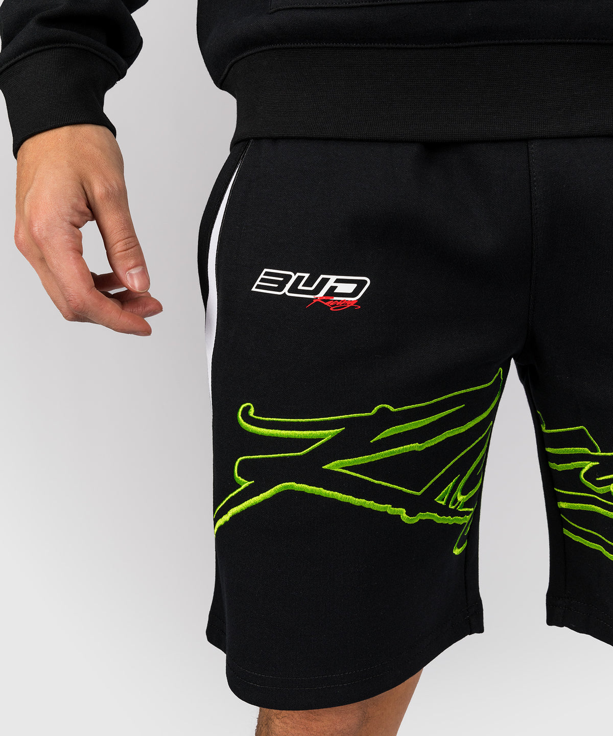 Venum x Bud Racing Herren Baumwoll-Shorts - Schwarz/Weiß/Limettengrün