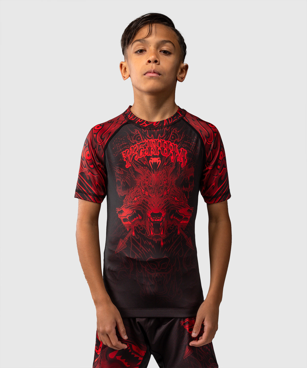 Rashguard à Manches Courtes Pour Enfants Venum Wolf Atak – Noir/Rouge