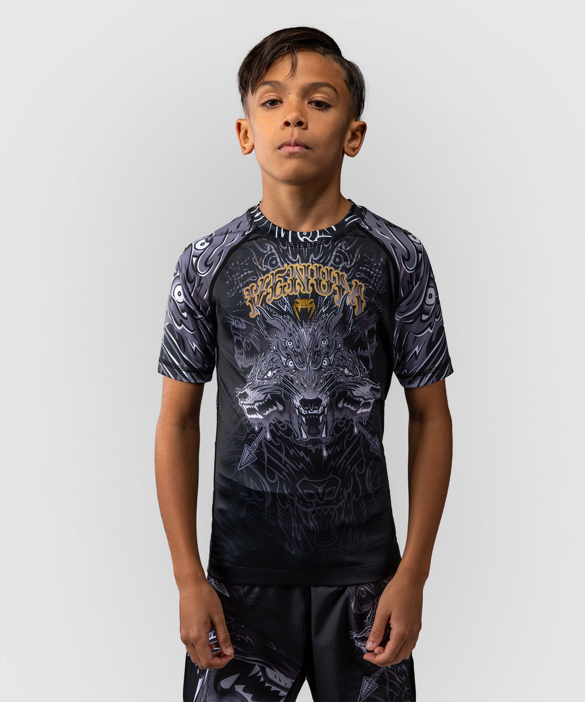 Rashguard à Manches Courtes Pour Enfants Venum Wolf Atak  – Noir/Gris