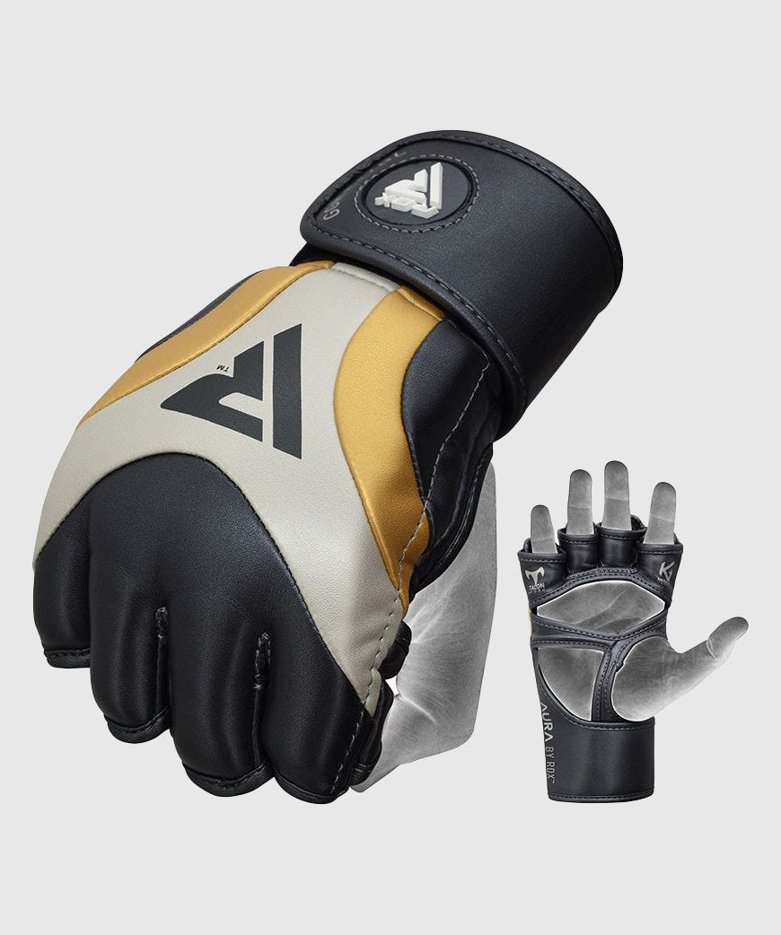 RDX Aura T-17 Guantoni da MMA Grappling - Nero/Bianco/Oro