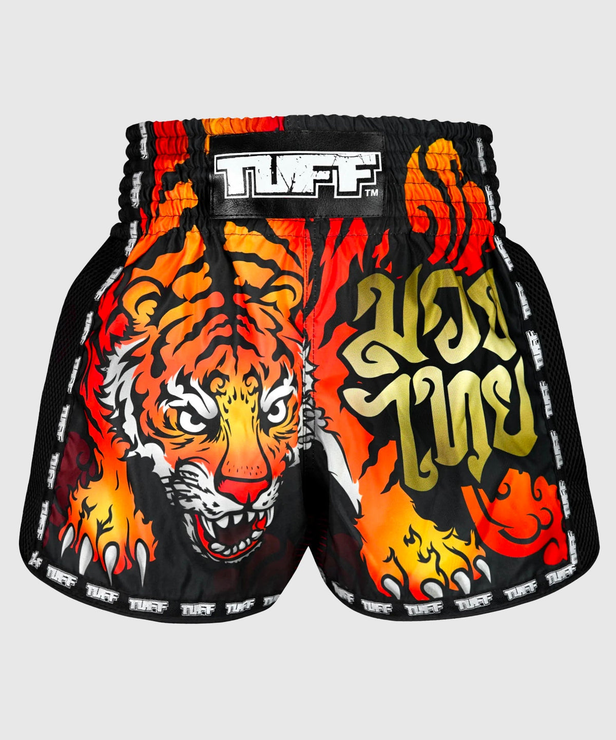 Tuff New Retro Orange Furious Tiger Pantalones de Muay Thai - Negro